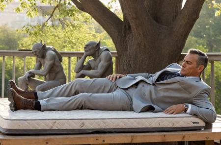 High_Res,raw photo,top quality,masterpiece,8k resolution,sharp focus,Award_Winning,(Intricate_Detail:1.1),High_Res,
sleeping,people in right side,sitting on (Spring mattress:1.1),head_down,looking at viewer,(gargoyles in background:1.3),sitting,A handsome short man with wrinkle,40 years old,wearing a gray suit,with stained glass,beige trousers and scratched dark brown boots,Tyndall effect and rays of God shining through the tree branches,close-up,treehouse BREAK
(male glamor:0.7),sparkling eyes,bright,slim thighs,safety pants,stylish large collar gray suit,