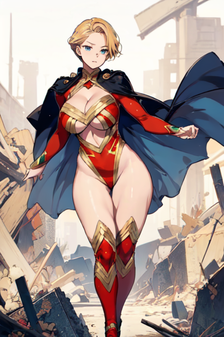 AthenaHaruka, 1girl, solo, short hair, blue eyes, blonde hair, large breasts, cleavage, thighs, cape, red leotard, clothing cutout, highleg, thick thighs, cleavage cutout, highleg leotard