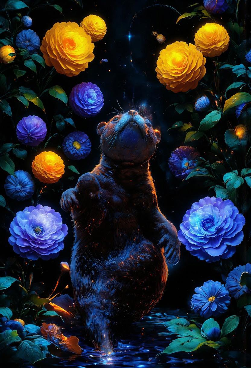 A digital illustration in a Baroque-inspired cyberpunk style, depicting a lively close-up portrait of an otter playfully floating among bright yellow and blue flowers in a serene pond. The otter's sleek, dark fur contrasts sharply with the vibrant flowers, each petal softly glowing with a fluorescent hue, creating a joyful and refreshing scene. The water shimmers with reflective highlights, capturing the vivid colors of the blossoms and blending seamlessly into the dark, futuristic background, illuminated with a soft, ambient glow. The overall composition is carefully balanced, highlighting the playful nature of the otter while emphasizing the lively and intricate floral theme. The background remains dark, allowing the glowing flowers and otter to stand out vividly in a scene that feels both serene and otherworldly. Subtle touches of light create a dreamy, night-time ambiance, adding depth to the water and reflecting the otter’s lively energy. The atmosphere is vibrant yet soothing, with vivid colors and refined details capturing the delicate, glowing flowers and the sleek, wet fur of the otter. ((BaroCybPnk, Baroque, Cyberpunk, Futuristic, digital illustration, fluorescent, glow, vivid colors, by night, dark background, perfection style)).