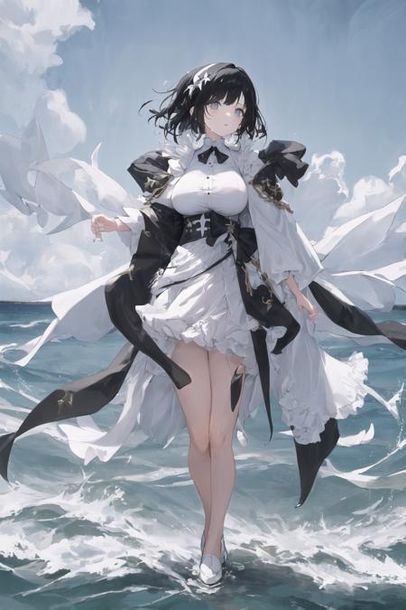 <lora:Addams-000002:0.7>, originVV, girl, 1girl, black hair, standing on water, ocean background, water splash, full body,