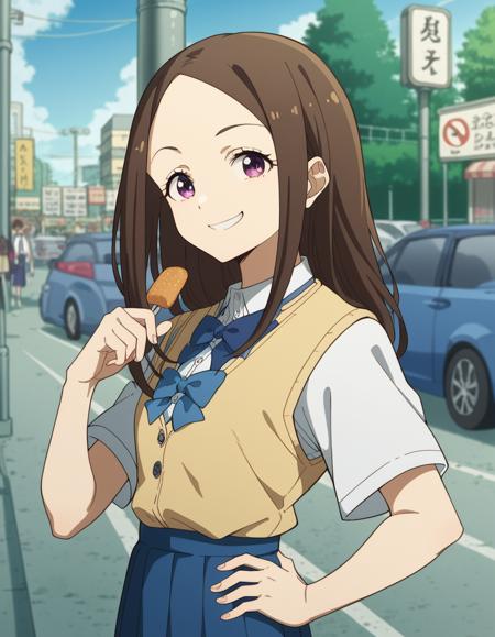 chihaya asagumo, long hair, brown hair, purple eyes, skirt, shirt, bow, school uniform, white shirt, short sleeves, pleated skirt, bowtie, blue bowtie, blue bow, sweater vest,