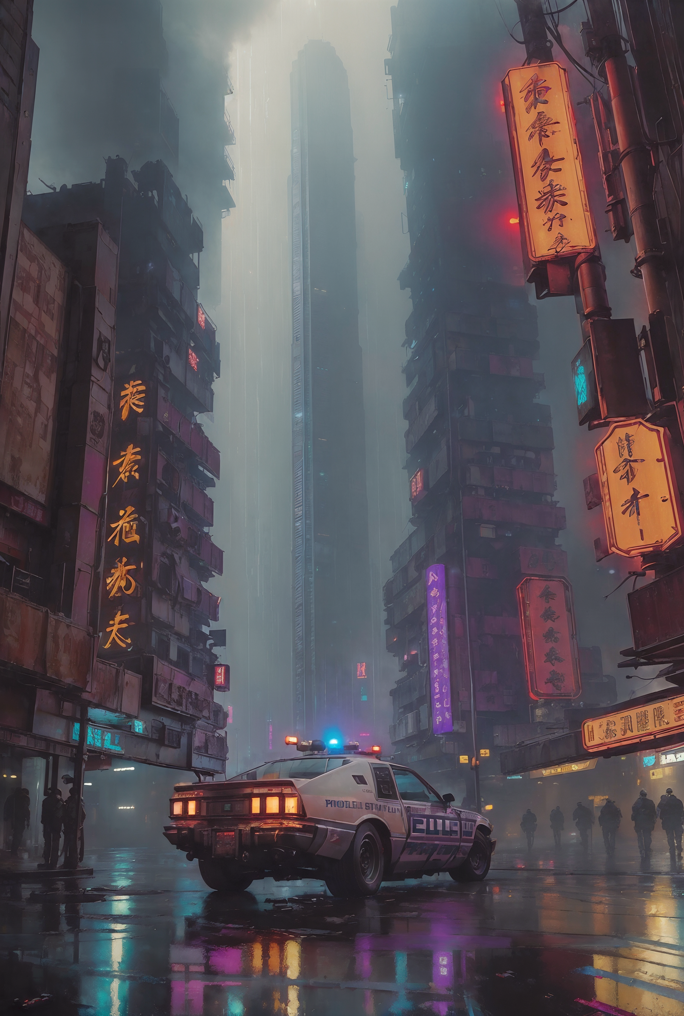 Futuristic Cityscape with a Police Car Driving Down a Crowded Street