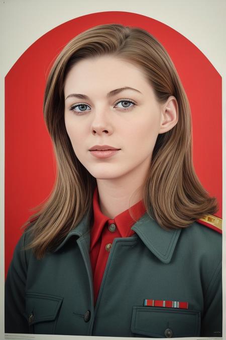 Soviet propaganda, 1980s, high quality drawing, socialist realism, cold war, propaganda artwork, war poster, victory poster, triumphant, bold colours, USSR, communism, cyrillic text, jilli@n_$pektre, youthful, cute face, beautiful eyes, beautiful, strong, looking to future, sunrise, best quality, best aesthetic