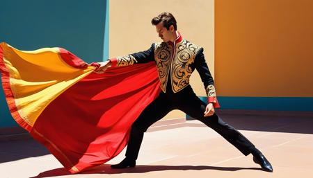 dramatic matador in ornate gold-embroidered jacket, tight black pants, looking down to his left with intense concentration, holding a red cloth swirling dramatically, graceful dancer-like pose, one arm extended holding cloth, body twisted in elegant motion, traditional Spanish bullfighter outfit,, vibrant acrylic painting style, bold flat colors, clean geometric compositions, bright California sunlight, crisp shadows,  saturated color palette, smooth gradients, minimal detail work, contemporary pop art influence, architectural precision, optimistic 1960s atmosphere,