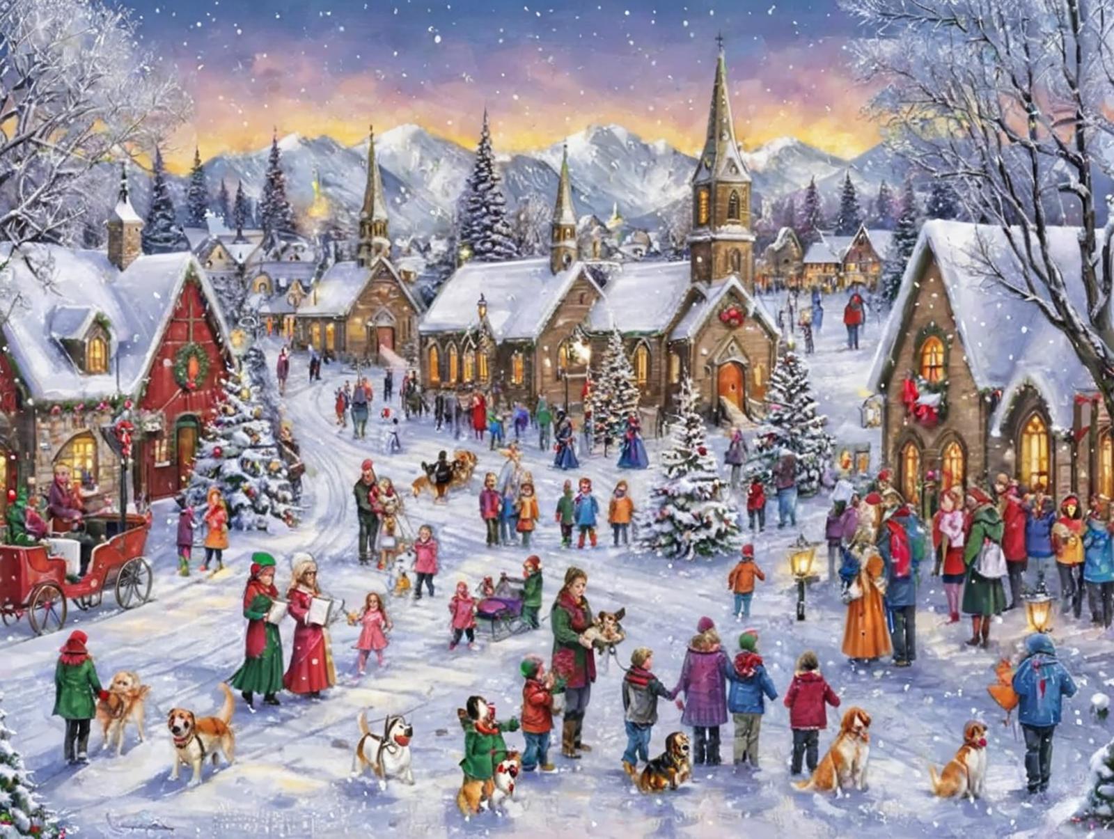 A Christmas painting of a snow-covered village with people and dogs.