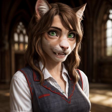 (photorealistic, RAW photo:1.4), (full body image), detailed Hogwarts setting, warm lighting, (solo:1.3),
BREAK, staring into the camera, Emma Watson, (transformation, anthro transformation:1.3) into (cat), mid transformation, anthrofication, brown fur, muscular, lean build, long thin tail, (bright green eyes, slit pupils) (long brown hair, wavy hair), cat snout, feline teeth, fangs, embarrased, shocked, (blushing, rosy cheeks), (realistic fur, hairy fur, wiry hair over body, fur over body, detailed fur texture), (wearing a torn grey and [red] school uniform with red embroidery), large breasts, claws, paws, black paw pads