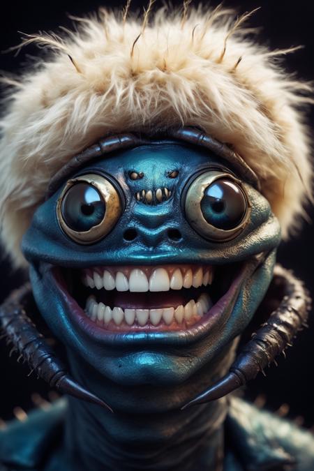 portrait of a beetle monster, human smile, human teeth,galaxy eyes, lips, blonde fur on head
