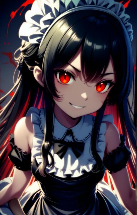 1girl, long hair, red eyes, black hair, upper body, evil grin, glowing eyes, maid headdress, night, dark, blood,