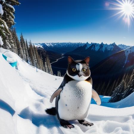 A photo of a cute hybrid of (penguin:1.2) and (cat)  that has penguin body and (cat face:1.5), cat whiskers, cat ears, jumps off a cliff on a (snowboard), wide angle view, the view from the side shows a chasm
god light, bold natural colors, wide angle view,  masterpiece, trending on artstation, photograph, award-winning, documentary, wildlife, 8k,realistic
