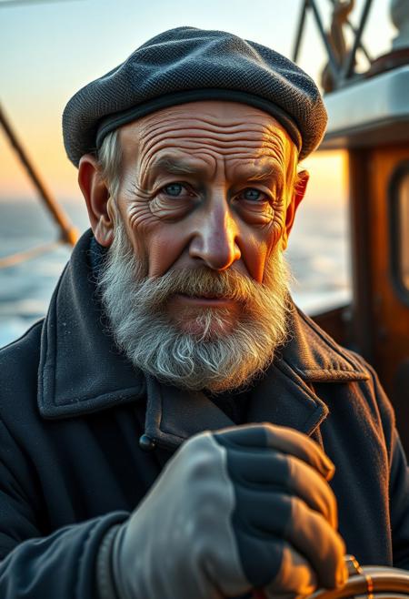A hyper-realistic portrait of a weathered sea captain in his late 60s, standing on the deck of an old fishing vessel at golden hour. His face is deeply tanned and etched with lines from decades at sea, a grey beard thick and untamed, salt crystals dusting his coat collar. His piercing blue eyes reflect the ocean behind him, filled with quiet strength and memories. The background features a misty horizon, soft waves gently crashing against the hull. The lighting is warm and diffused, casting dramatic shadows across his rugged face. He wears a faded navy peacoat, a woolen cap tilted back slightly, and his gloved hands rest on a wooden wheel. The
