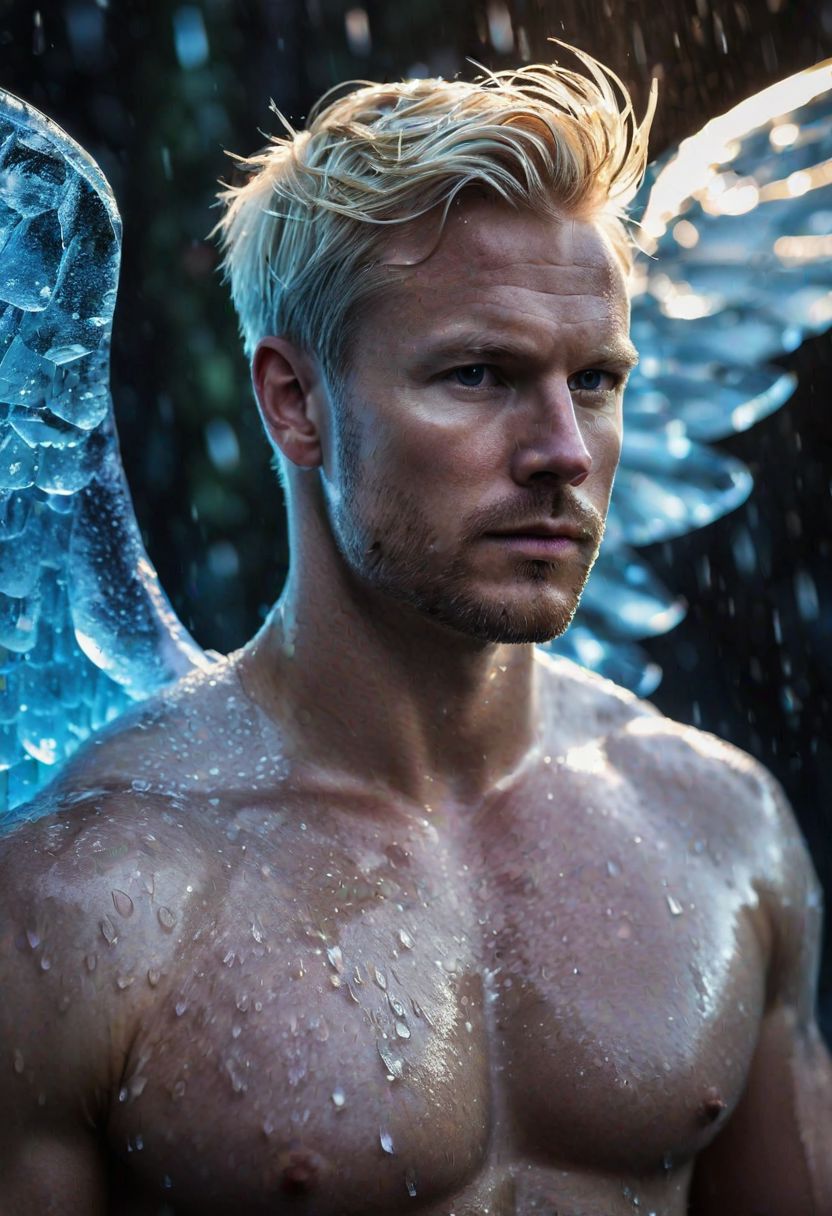 upper body photo of a handsome 35 y.o Scandinavian man, wings of translucent ice on back, looking at the camera, strong manly muscular man, short blonde hair, wet skin, powerful cinematic shot, dramatic lighting, aurora borealis, high quality