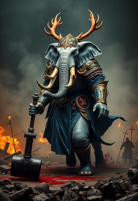 hyperrealistic, anthropomorphized elephant/human female (with female human body, elephant head with human like features), grey skin, bald, large tusks, elephant trunk, muscular thighs,
knight, blue and gold full armor, long pelvic curtain, muscular thighs, holding a midevil war-hammer, knight, crown of red antlers,
charging into battle, fighting, hero pose, surrounded by smoke, surrounded by blood, blood splattered on floor, midevil battlefield, burning rubble, 
cinematic composition and lighting. Masterpiece. Very detailed.