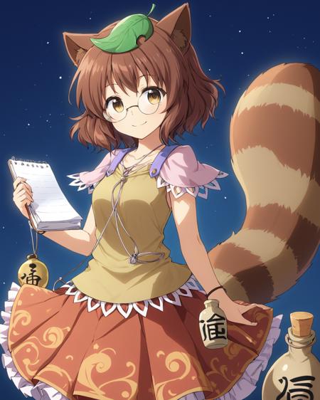 futatsuiwa mamizou,1girl, glasses, leaf_on_head, raccoon_tail, solo, notepad, smile, skirt, pince-nez, gourd, bottle
<lora:futatsuiwa_mamizou_image2346_2023-12-20-000010:1>,star-shaped_pupils,symbol-shaped_pupils,. gorgeous,key visual, vibrant, studio anime,award-winning, professional, highly detailed,high budget, cinemascope