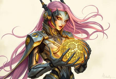 Create an elegant, highly-detailed illustration of a cyborg character inspired by the Raypunk style, incorporating elements of modern occultism and mysticism. The character should be holding a glowing, ornate ball and feature a mix of organic and mechanical components, with a focus on smooth shading and iridescent metals. The color scheme should primarily consist of silver and yellow hues, with accents of verdigris and other muted tones. Include subtle hints of the Plaguefather's influence, such as less prominent tentacles and a sense of mystique. The overall aesthetic should be reminiscent of the works of WLOP and Artgerm, with a focus on creating a masterpiece that would trend on Artstation. The character's hairstyle should be long and pink, flowing elegantly in the wind.