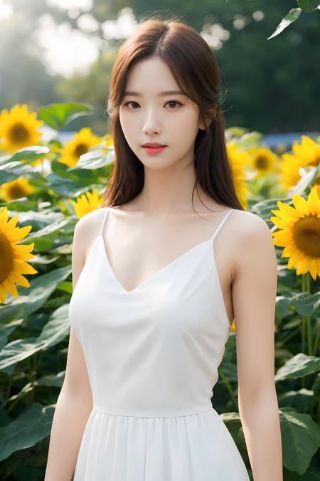 (mature body), (upper body:1.5), nikon RAW photo,8 k, Fujifilm XT3,masterpiece, best quality, realistic, photorealistic, ultra detailed, extremely detailed face, solo,1girl, standing, fashionable and trendy atmosphere, and a stylish expression on her face, close up, (narrow waist), white dress on field of sun flowers,