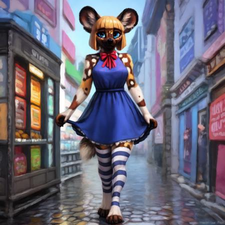 An anthropomorphic bipedal African wild dog dressed in people clothes doing a variety of every-day tasks, such as walking down a busy street and shopping at a market. ribbon around neck, freckles on face, white toeless legwear, thigh highs,cute, 3d render, detailed, realistic, photorealism, photorealistic, realism, FujiFilm XT3, octane render, volumetric lighting, night on the town, pretty frilly dress, solo focus, anthro, blue eyes, bob cut, blunt bangs, swept bangs, clothing color scheme is a mixture of blue and white. full-length portrait, soft focus. (by inkplasm, by kenket and foxovh:0.2), soft contrast, low contrast,