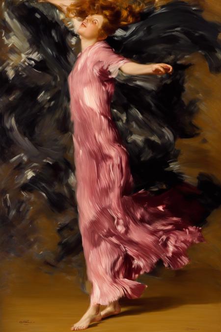 painting by Giovanni Boldini of a slender lithe  redhead, big breasts, hair in messy bun, jewelry,  wearing extra long Fortuny  dress, boat neck, short sleeves, leaping and dancing with a man on the dance floor, dynamic pose, detailed face, kinetic brushstrokes <lora:fortuny:1>