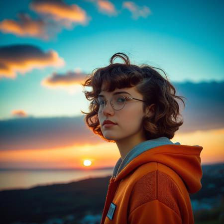 feminine, photograph, realistic, detailed, (small_breasts, perky_breasts, necklace, glasses, thick,
(20yo, nsfw, 1girl, pubic hair, short wavy hair, pretty, rouge,:1.4), sensual, exotic, mesmerizing, evocative, entrancing, artless, young, fresh, solo, (style of Henry Scott Tuke), (style of Anthony Thieme), (style of Gil Elvgren), :1.1), 
(1girl, solo, upper_body, sunset,  evening, sky, from_side, gradient_sky,  twilight, nose, jacket, dusk, backlighting, blurry_background, sweater,  orange_sky, cloud, depth_of_field, sunlight, day, blue_sky, hood, gradient_background, hoodie, portrait, shirt,:1.0)