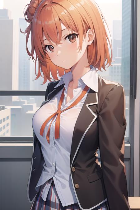 yuiyuigahama, <lora:yuiyuigahama:1>, yuigahama yui, short hair, (brown eyes:1.5), (orange hair:1.2), hair bun, single hair bun, 
BREAK skirt, shirt, ribbon, school uniform, jacket, white shirt, black jacket, blazer, sobu high school uniform, 
BREAK indoors, school, 
BREAK looking at viewer, 
BREAK <lyco:GoodHands-beta2:1>, (masterpiece:1.2), best quality, high resolution, unity 8k wallpaper, (illustration:0.8), (beautiful detailed eyes:1.6), extremely detailed face, perfect lighting, extremely detailed CG, (perfect hands, perfect anatomy),