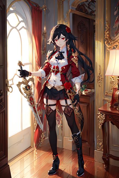 (masterpiece, top quality, best quality, official art, beautiful and aesthetic:1.2),extreme detailed,(fractal art:1.3),Fu Hua(BV), 1girl, solo,<lora:Fu Hua_Blood Voivode_v1.0:0.85>,black thighhighs, hair,ornament,cowboy shot, indoors,jacket,full body, black boots, black gloves, holding,holding sword, hallway, energy sword,