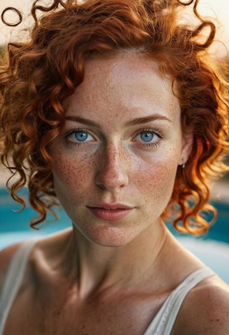 Stunning 35mm photo of a 35 years old famous Dutch actress, very pretty, small nose, thin nose, cute nose, perfect jaw line,  highly detailed face, highly detailed skin, freckles, many freckles on arms and tits, freckles and moles all over body, big breasts, natural breasts, perfect breasts, hard nipples, Rounded ass, red hair, massive hair, curly hair, messy hair, medium hair, blue eyes, highly detailed skin, highly detailed face, in love, happy, detailed pupils, agriturismo in Tuscany, walking along the pool, sunset, dreamy expression, low light, soft natural light, Rembrandt style light, made with a Hasselblad camera, 35mm, film grain, masterpiece, sharp focus, ((Photorealistic:1))