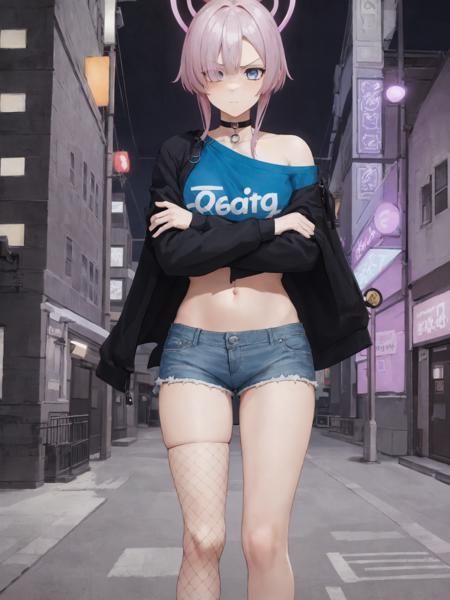 SLE, mksks style, detailed background absurdres, highres, solo, 1girl, mimori mizuha, gothic, punk, purple halo, short hair, light purple hair, (hair over one eye, one eye covered), deep blue eyes, choker, single bare shoulder shirt short, blue shirt, crop top, navel, torn denim shorts, short shorts, asymmetrical legwear, uneven legwear, single thighigh, single fishnet sock, black boots, standing, crossed arms, expressionless, annoyed, v-shaped eyebrows, looking at viewer, city, sidewalk, buildings, night, city lights, neon lights, outdoors