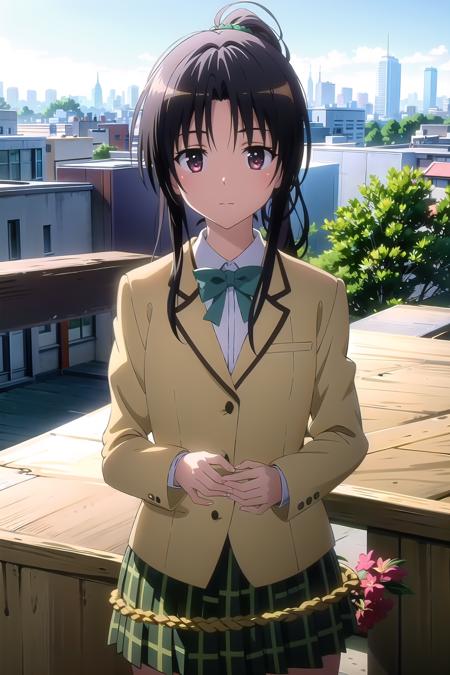 masterpiece, best quality, rin, 1girl, high ponytail, school uniform, jacket, plaid skirt, shinai, rooftop, looking at viewer, <lora:toloveall_V2-000006:0.8>