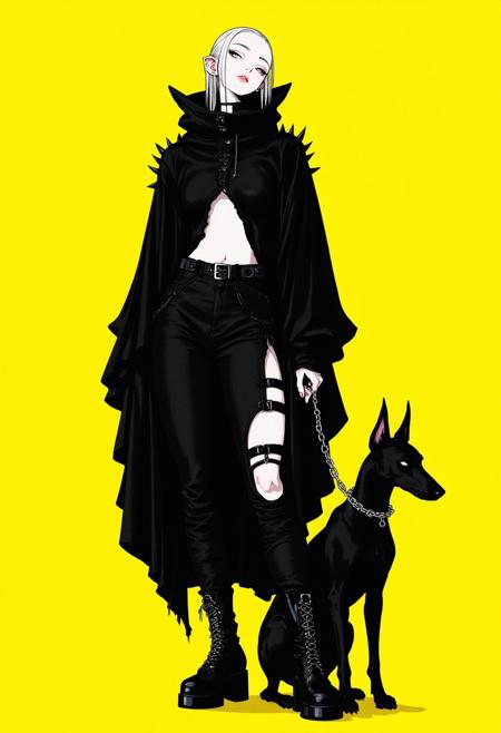 Retoro Shōjo illustration, toxic, slender woman with pale skin and a high ponytail standing against a bright yellow background, wearing an asymmetrical black cape with spikes, oversized black pants with utility straps and mesh tears, chunky black boots, sleek Doberman on a spiked chain leash at her side