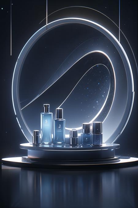 no humans,blue theme,reflection,star (sky),scenery,mirror,bottle,sky,moon,night,starry sky,night sky,still life,<lora:dianshan:0.6>,perfume in the middle,