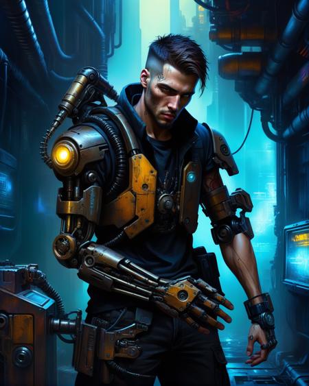 man with mechanical arm, grimdark, detailed background, high quality, masterpiece, digital painting, cyberpunk