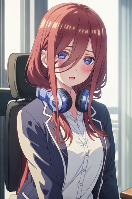 best quality, masterpiece, highres, solo, {nakano_miku_gotoubunnohanayome:1.15}, long_hair, brown_hair, bangs, hair_between_eyes, blue_eyes, headphones_around_neck, headphones, blush, closed_mouth, shiny_hair, 1girl, jacket, school_uniform, shiny, shirt, collared_shirt, portrait, white_shirt, open_mouth, indoors, looking_at_viewer, blazer