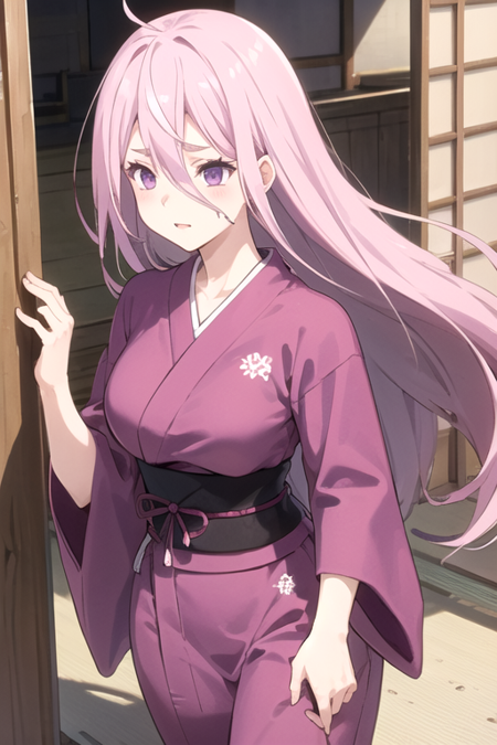 KumiYamagumonoko, 1girl, solo, very long hair, hair between eyes, purple eyes, pink hair, japanese clothes, purple pants