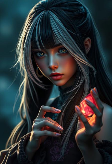Dusky-somber, nightmare woman with black-and-platinum hair, adventure heroine in a cute style, holding a small, softly glowing wish-ruby, high-realism and detail, pastel-toned, cinematic and dramatic, lifelike, photogenic, wide-angle perspective, sharp focus on the character, motion-blur in background, shimmer in asymmetrical hair