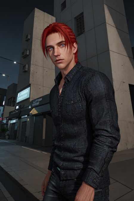 Charlie Pe'kova, 1boy, male focus, mature male, tanned skin, tan, solo, looking at viewer, short hair, blue eyes, shirt, red hair, building, extremely detailed, detailed eyes, detailed face, Highly detailed RAW color Photo, dynamic lighting, light bokeh, Best_QualityPos Earth-QualityPos DSLRQuality-Realism EpicMix-TshirtJeansSetting, <lora:Charlie:0.7>