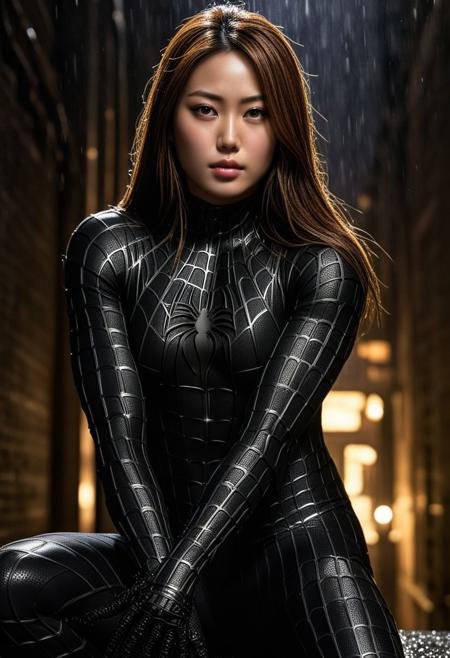 score_9, score_8_up, score_7_up, best quality, realistic, masterpiece, beautiful detail, hyperrealistic, night, ((1girl, woman body, large breast)), amazing detailed full body portrait of a beautiful japanese girl, wearing a realistic and highly detailed black raimi spider-man suit, ((huge muscular girl)), professional model wears ultra - detailed black raimi spider - man suit, ultra - detailed and grained black raimi spiderman suit, suit covered entire body and hand, black spiderman gloves, wet, (sitting pose), (full body), (dirty skin), close up, octane render, highly detailed, volumetric, dramatic lighting, (highest quality:1.1), (HDR:1.3), (top quality, best quality), realistic, high definition,