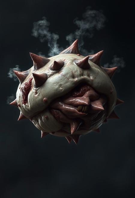 A grotesque, amorphous blob of flesh, floating ominously in mid-air. The surface of the blob is covered in a mix of smooth, sinewy textures and jagged, protruding growths. Patches of raw, pulsating muscle are interspersed with areas of glistening, translucent skin, revealing a network of throbbing veins and arteries beneath. Occasional bursts of steam escape from its surface, giving it an eerie, almost otherworldly presence. The background is a dark, misty void, with faint, ethereal lights casting an eerie glow on the floating mass, highlighting its disturbing details and adding to its menacing aura.