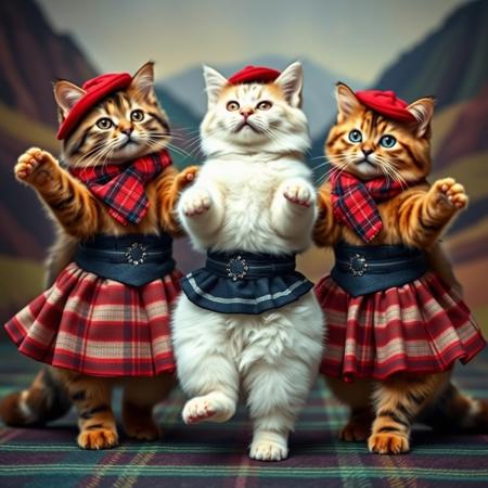 Create a funny video in which three cats dressed in traditional Scottish skirts and berets dance a Scottish dance. Seals can move to the beat of the music, performing characteristic movements such as jumping and twisting. The background should be colorful and atmospheric, perhaps featuring Scottish landscapes or patterns. Add some fun elements: cats can take a break from playing and suddenly start dancing again. The whole video should convey an atmosphere of joy and fun, with cute and funny moments that emphasize the charisma of each of the cats.