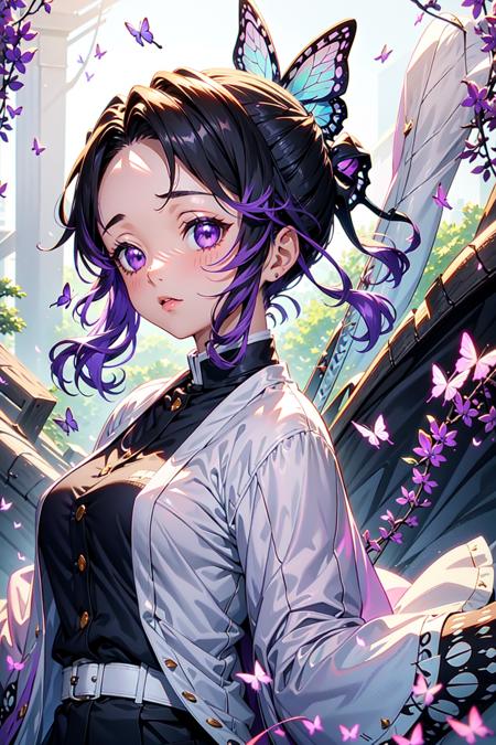 shinobu, 1girl, solo, looking at viewer, blush, short hair, black hair, hair ornament, long sleeves, medium breasts, closed mouth, purple eyes, jacket, upper body, weapon, purple hair, flower, sidelocks, japanese clothes, sword, artist name, from side, black jacket, parted bangs, katana, bug, butterfly, sheath, forehead, butterfly hair ornament, haori, demon slayer uniform, butterfly print, wisteria, masterpiece, royal background, magical, <lora:shinobu:1>