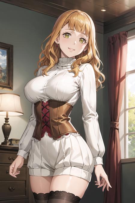 mimosa vermillion,orange hair, turtleneck sweater, corset, thighhighs, earrings, smile, looking at viewer, window,  light smile, (intricately detailed, hyperdetailed), blurry background,depth of field, best quality, masterpiece, intricate details, tonemapping, sharp focus, hyper detailed, trending on Artstation,1 girl, high res,facing viewer, official art