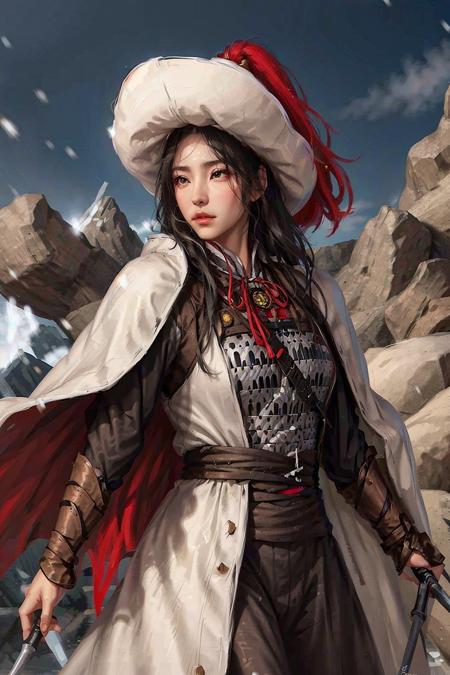 1girl , masterpiece, best quality, photorealistic,  fanyangli, <lora:fanyangli_v1:0.75>, big breasts,armor,  white_linen_clothes,cape, furry_coat,  day, black_hair, snow, The Great Wall background