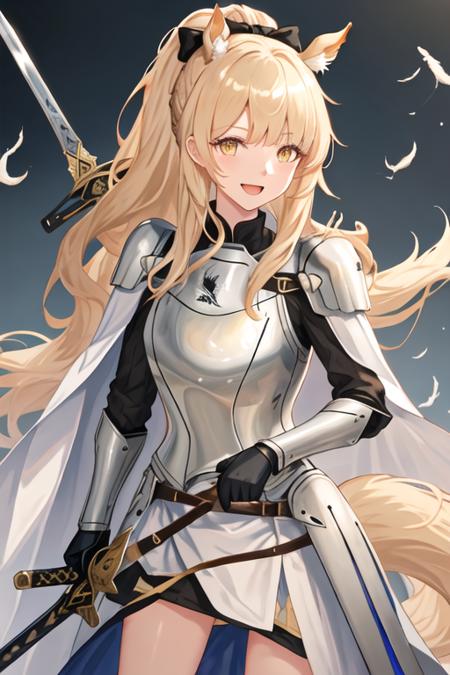 best quality, masterpiece, highres, solo, {blemishine_arknights:1.15}, long_hair, animal_ears, horse_ears, blonde_hair, animal_ear_fluff, ponytail, bangs, yellow_eyes, horse_girl, upper_body, smile, hair_bow, bow, black_bow, extra_ears, 1girl, armor, holding, holding_weapon, looking_at_viewer, weapon, breastplate, gloves, horse_tail, sword, tail, black_gloves, holding_sword, cape, open_mouth, shoulder_armor