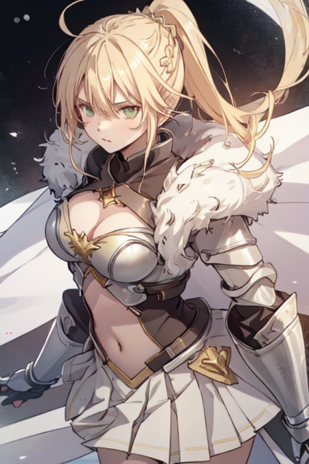 ReannaBrigantia, 1girl, green eyes, solo, blonde hair, ponytail, long hair, covered navel, white cape, ahoge, braid, pleated skirt, white skirt, hair between eyes, cleavage, medium breasts, fur-trimmed cape, armor, breastplate, 