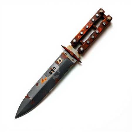 (pure white color background:1.5), single scavenged scrap metal machete with a long blade made from a patchwork of metal plates fastened together with large bolts and nails,  post apocalyptic style<lora:Dieselcore_Flux:0.5>,