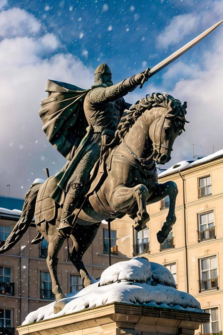 cid statue ,  sword in hand <lora:El cid:0.67>   four paws , snow in the  background ,horse in rampant motion , snowing hard