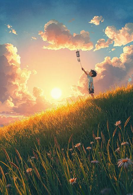 Vertical 9:16 cinematic anime scene, wide view of a grassy hill during golden hour, anime boy holding a wind chime high above, catching the last rays of sunlight, glowing clouds above, detailed wildflowers and tall grass in foreground, soft pastel tones, hyper-detailed watercolor style, emotional and nostalgic atmosphere.
