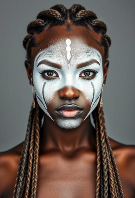 symmetrical Front view, very close up shot of a female african warrior, extremely beautiful, beautiful white war paint makeup, long thin braids over her breasts, neutral grey background, photography studio style