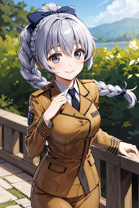 1girl, solo, braided ponytail, single braid, grey eyes, grey hair, military uniform, black necktie, blue bow, brown skirt, 