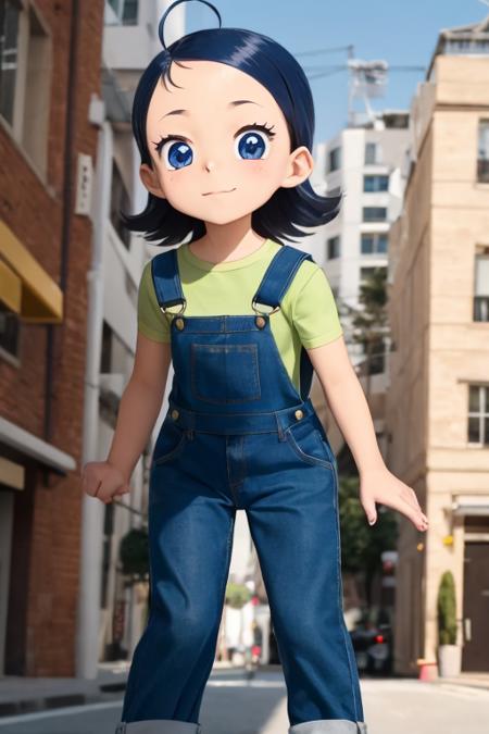 1girl, aksn_cs, blue eyes, short hair, blue hair, ahoge, bangs, forehead, blue overalls, green shirt, standing, looking at viewer, city <lora:aiko-senoo-casual:1>