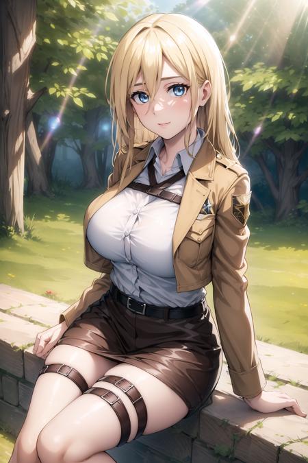 (day:1.7), Forest background,
sitting on the floor,
brown jacket,long sleeves,thigh strap,white shirt, military uniform,belt, Black_pencil_skirt,
<lora:Historia_Reiss_AOT-KK77-V2:0.7>,thigh strap, thighs,
blonde hair,blue eyes,bangs, Long_hair,(hair between eyes:1.3),
1 girl, 20yo,mature female,Beautiful Finger,Beautiful long legs,Beautiful body,Beautiful Nose,Beautiful character design, perfect eyes, perfect face,
looking at viewer, in the center of the image,focus on face,
NSFW,official art,extremely detailed CG unity 8k wallpaper, perfect lighting,Colorful, Bright_Front_face_Lighting,
(masterpiece:1.0),(best_quality:1.0), ultra high res,4K,ultra-detailed,
photography, 8K, HDR, highres, absurdres:1.2, Kodak portra 400, film grain, blurry background, bokeh:1.2, lens flare, (vibrant_color:1.2)
(Beautiful,Large_Breasts:1.2), (beautiful_face:1.5),(narrow_waist),