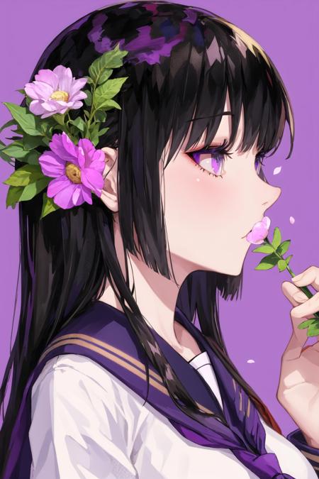 1girl, bangs, black hair, blonde hair, flower, from side, holding, holding flower, lam-style, medium hair, multicolored eyes, multicolored hair, petals, portrait, purple background, purple eyes, purple flower, purple sailor collar, sailor collar, school uniform, serafuku, solo, streaked hair